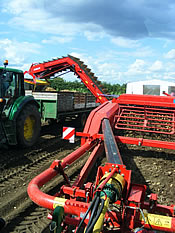 RyGrimme GT170S harvester behind JD 6630 Premium loading JD6530 Premium with trailer and potato boxes